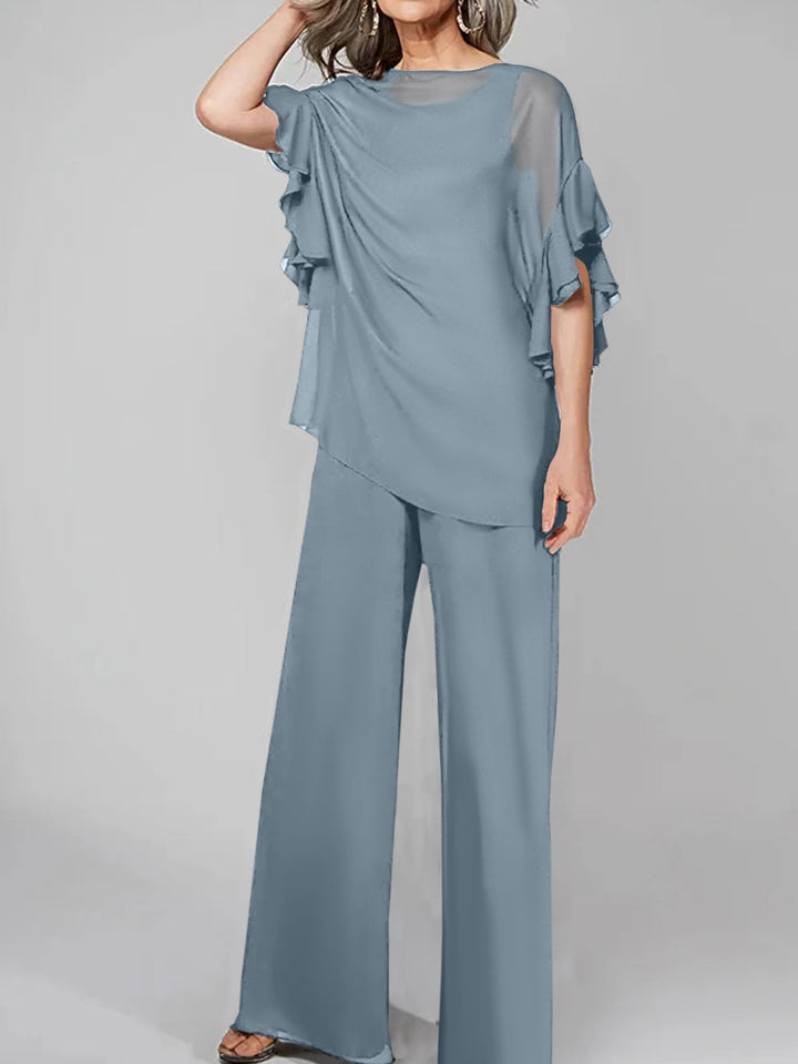 Chiffon Mother of the Bride Jumpsuit with Scoop Neck and Half Sleeves