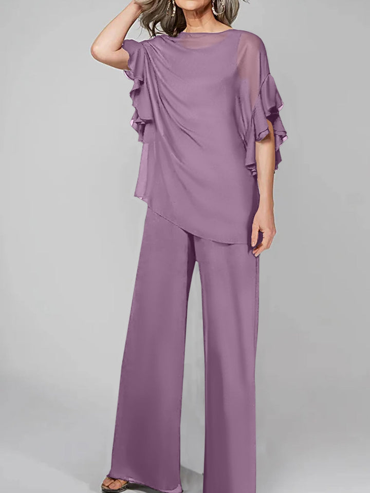 Chiffon Mother of the Bride Jumpsuit with Scoop Neck and Half Sleeves