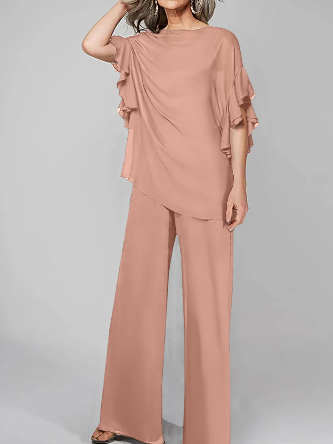 Chiffon Mother of the Bride Jumpsuit with Scoop Neck and Half Sleeves
