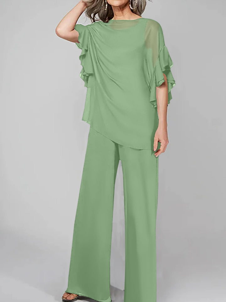 Chiffon Mother of the Bride Jumpsuit with Scoop Neck and Half Sleeves