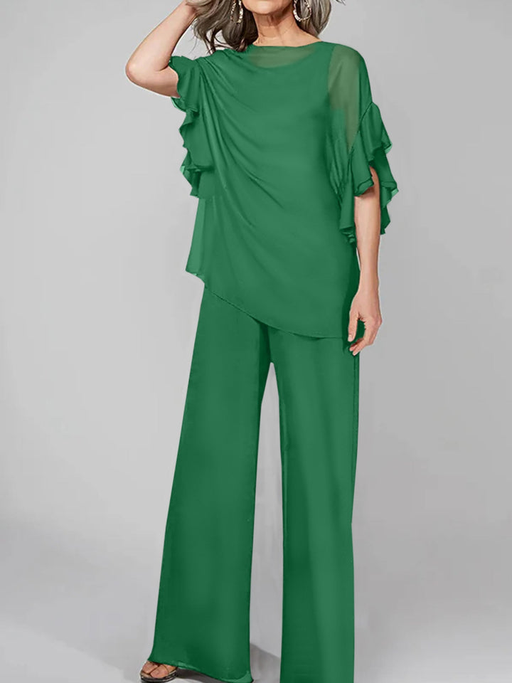 Chiffon Mother of the Bride Jumpsuit with Scoop Neck and Half Sleeves