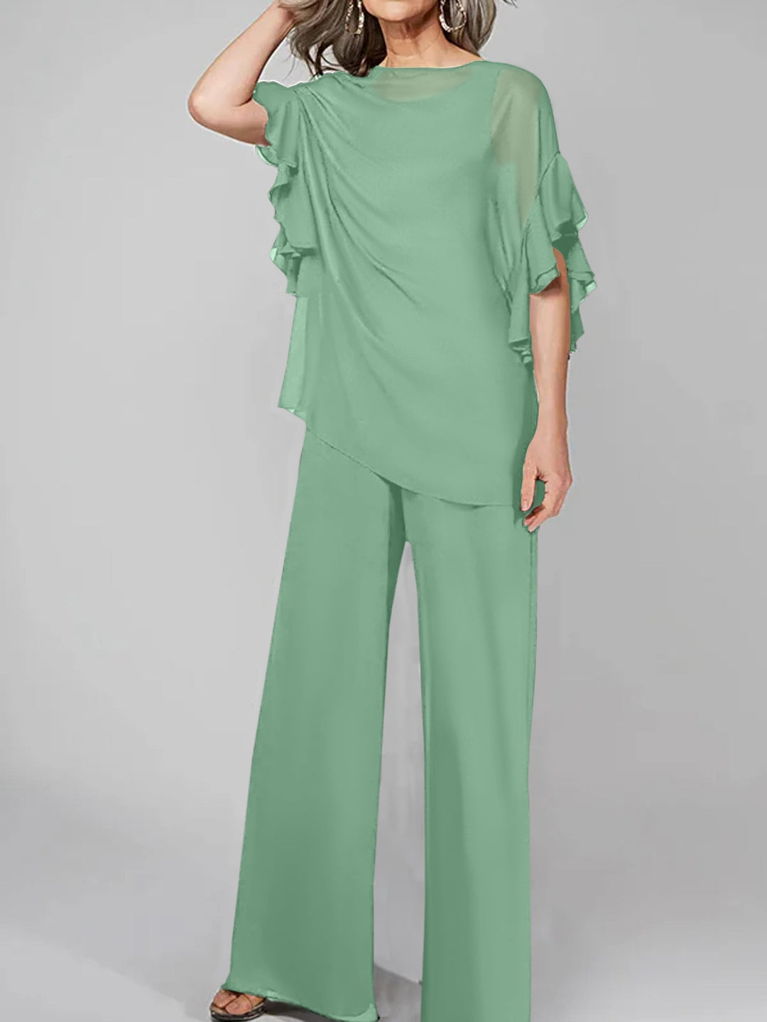 Chiffon Mother of the Bride Jumpsuit with Scoop Neck and Half Sleeves