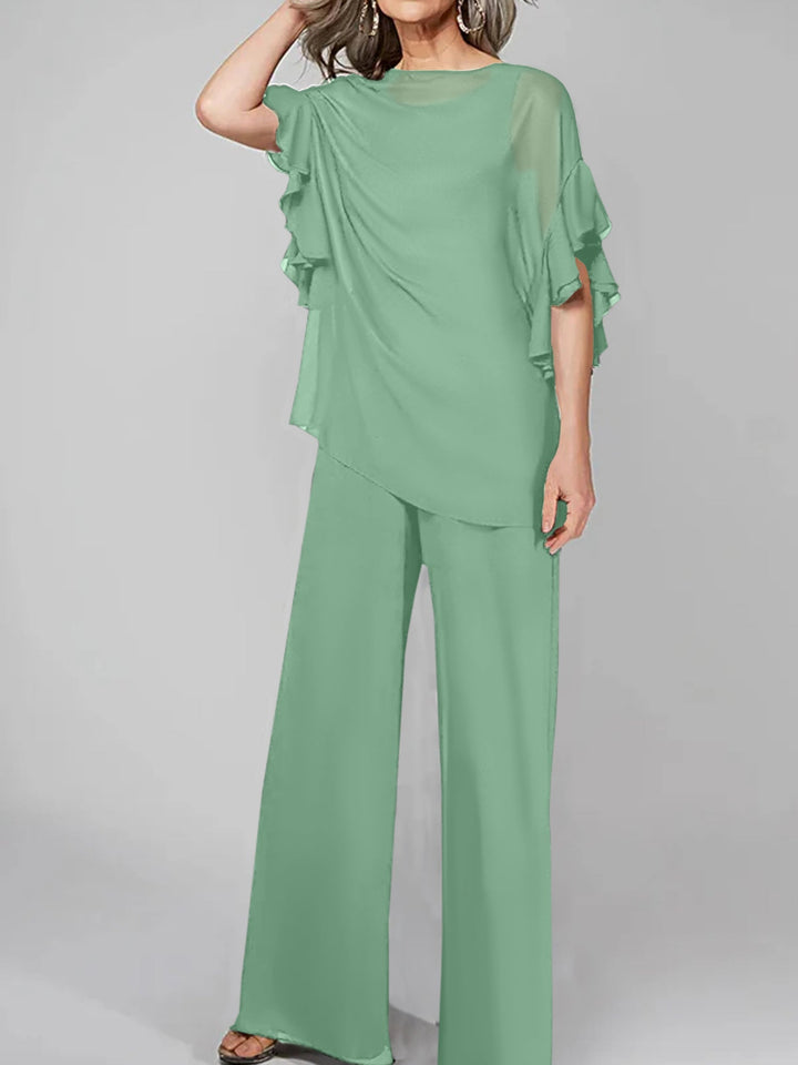 Chiffon Mother of the Bride Jumpsuit with Scoop Neck and Half Sleeves