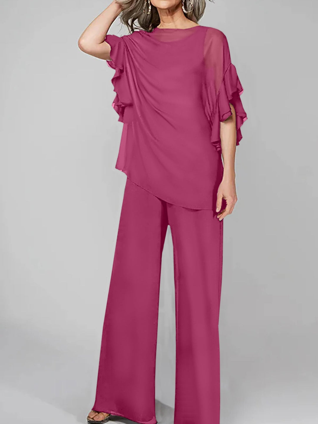 Chiffon Mother of the Bride Jumpsuit with Scoop Neck and Half Sleeves