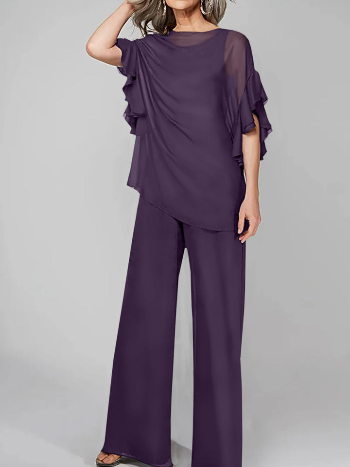 Chiffon Mother of the Bride Jumpsuit with Scoop Neck and Half Sleeves