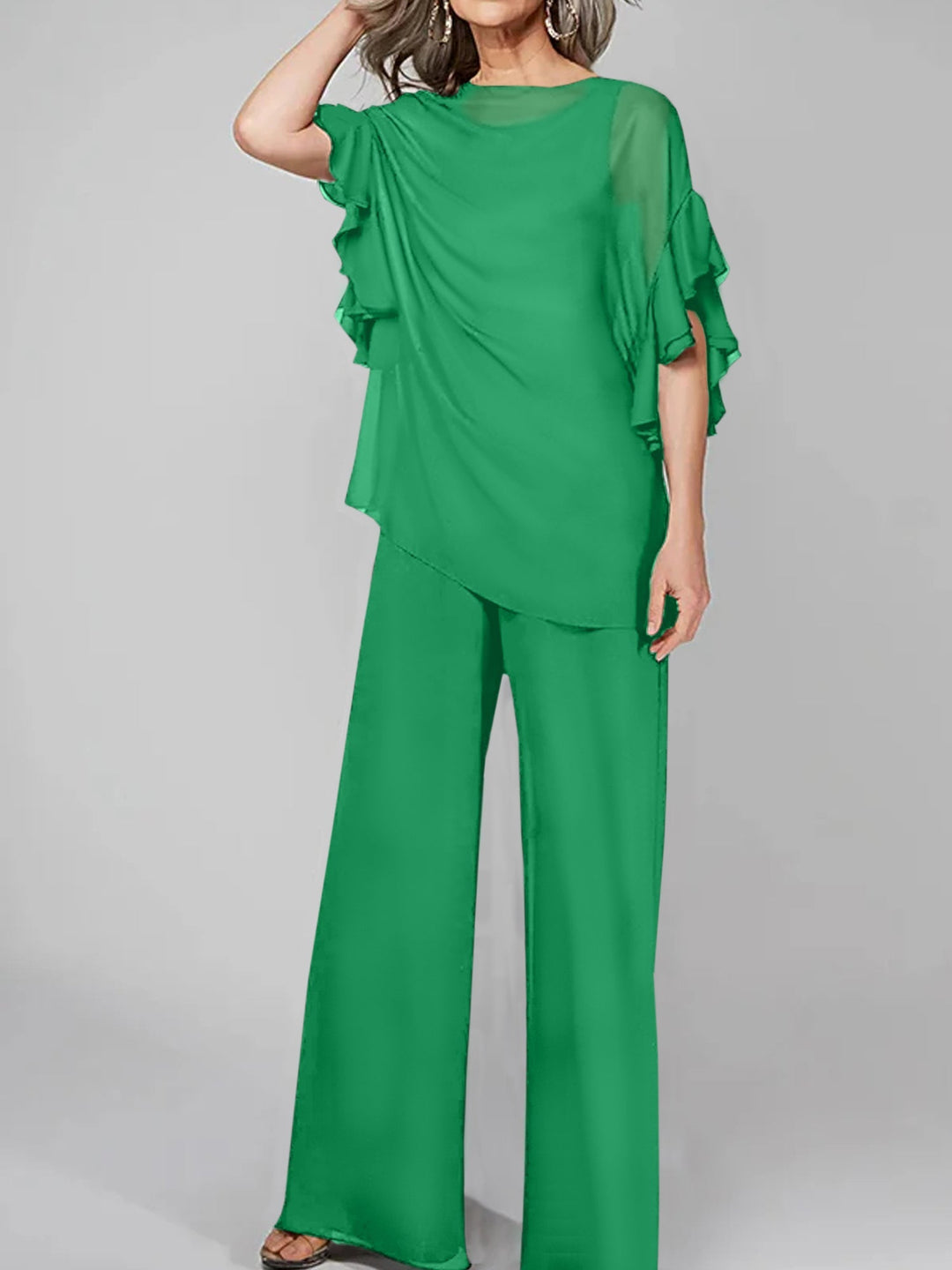 Chiffon Mother of the Bride Jumpsuit with Scoop Neck and Half Sleeves