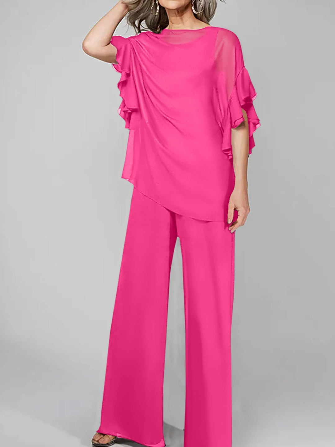 Chiffon Mother of the Bride Jumpsuit with Scoop Neck and Half Sleeves