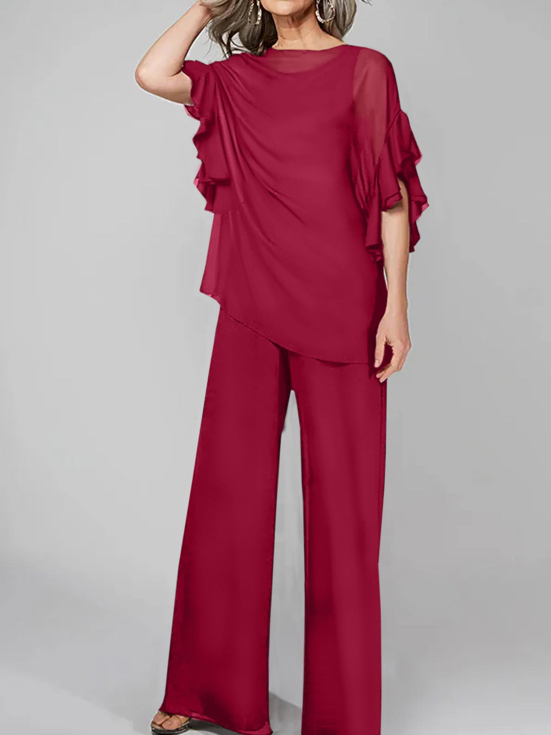 Chiffon Mother of the Bride Jumpsuit with Scoop Neck and Half Sleeves