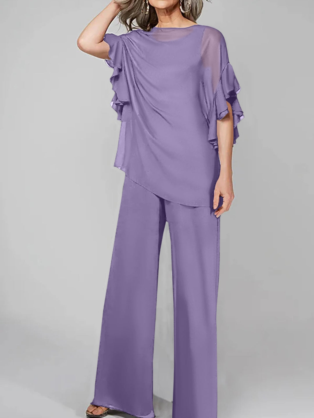 Chiffon Mother of the Bride Jumpsuit with Scoop Neck and Half Sleeves