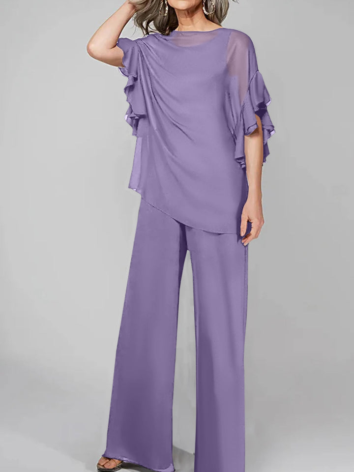 Chiffon Mother of the Bride Jumpsuit with Scoop Neck and Half Sleeves