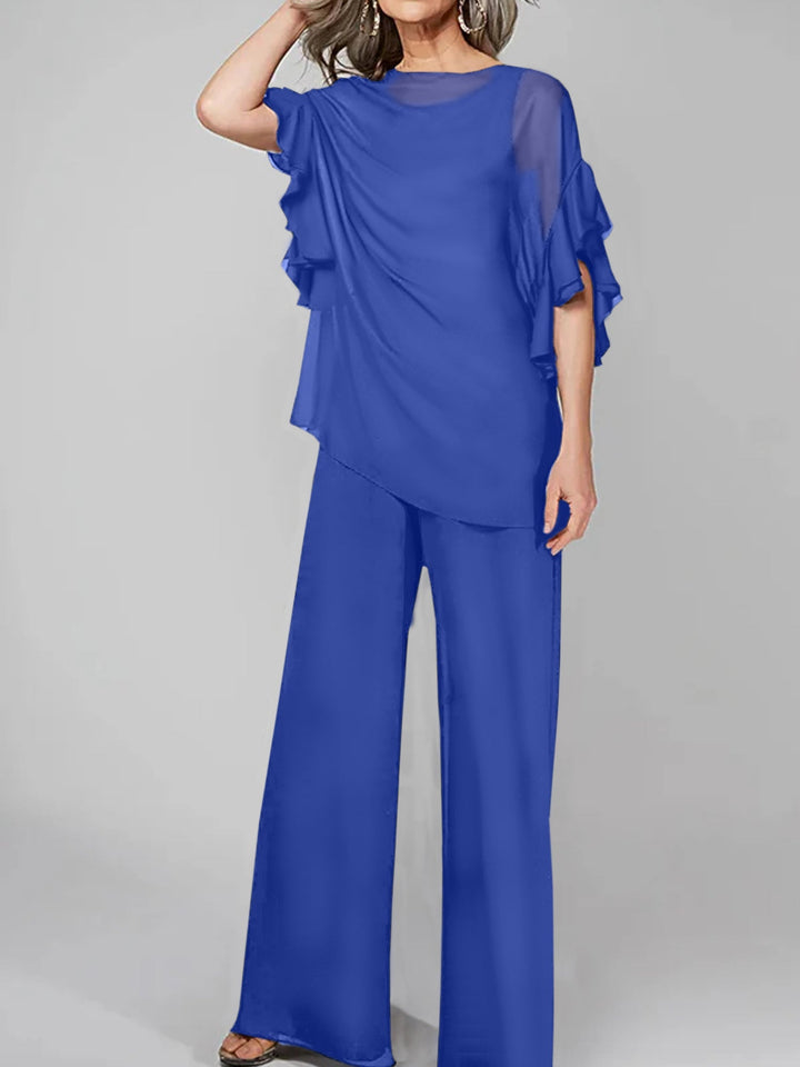 Chiffon Mother of the Bride Jumpsuit with Scoop Neck and Half Sleeves