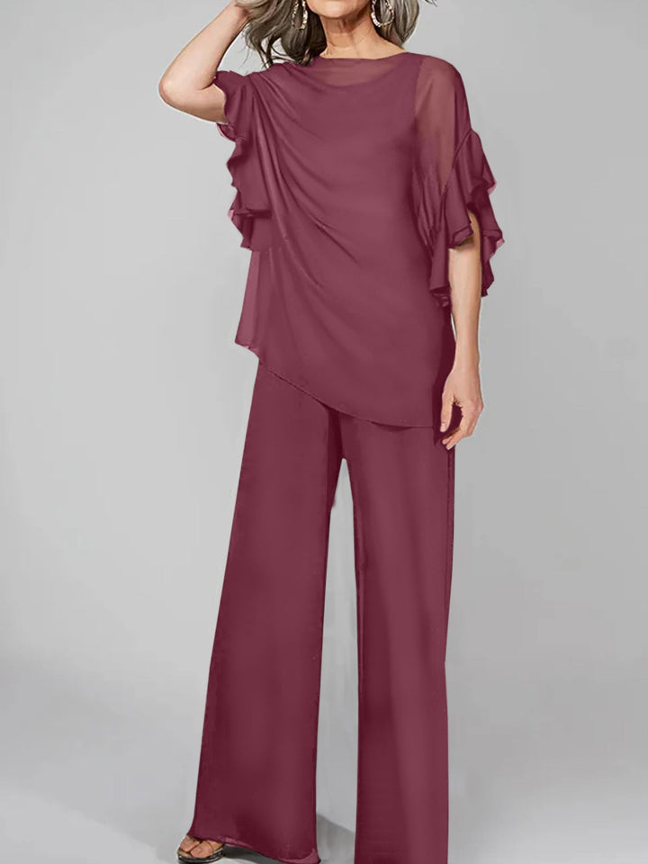 Chiffon Mother of the Bride Jumpsuit with Scoop Neck and Half Sleeves