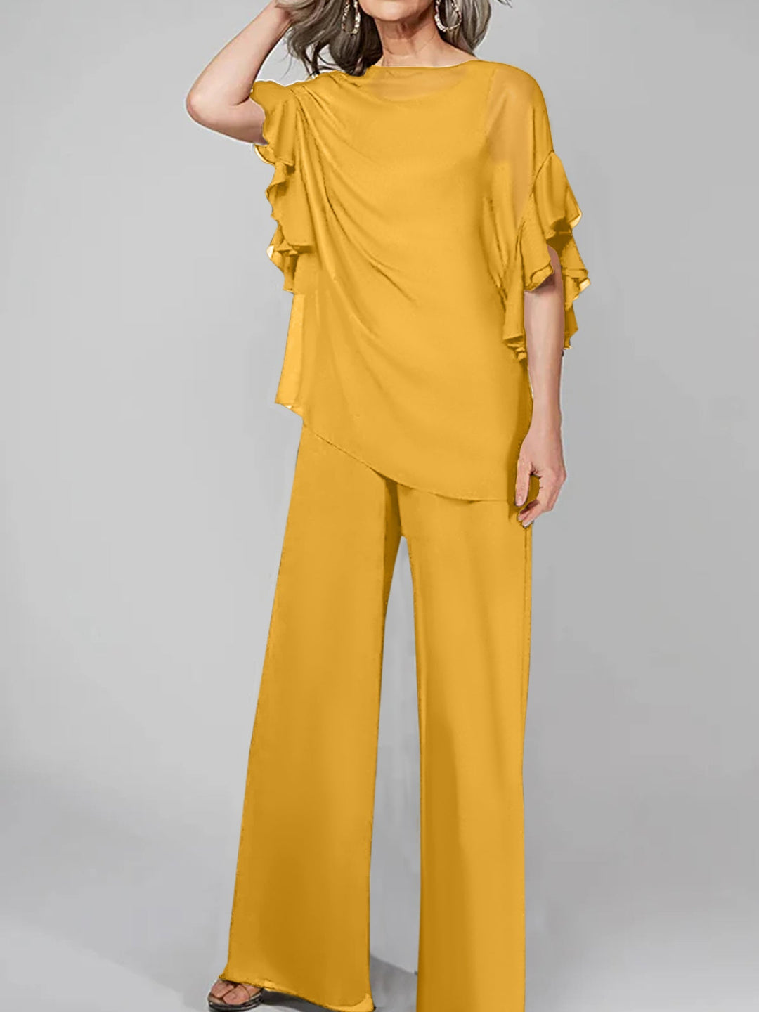 Chiffon Mother of the Bride Jumpsuit with Scoop Neck and Half Sleeves