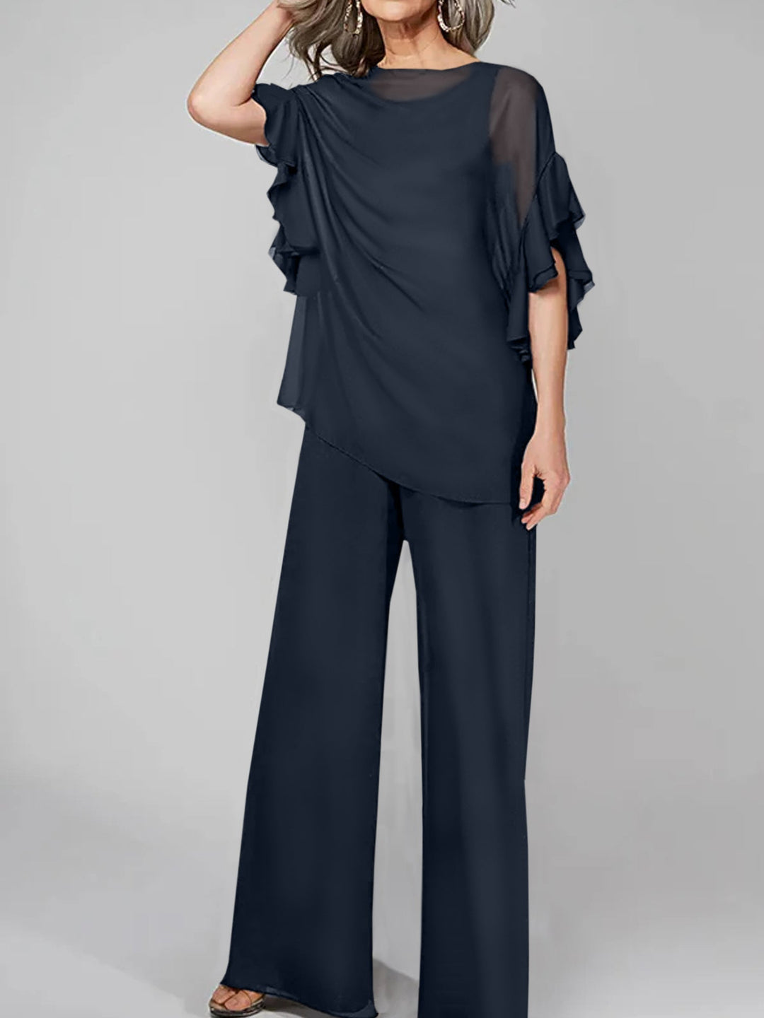 Chiffon Mother of the Bride Jumpsuit with Scoop Neck and Half Sleeves