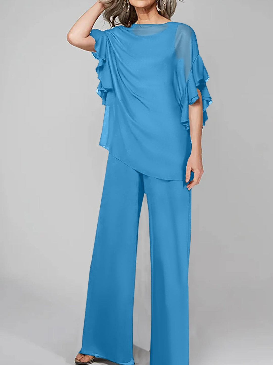 Chiffon Mother of the Bride Jumpsuit with Scoop Neck and Half Sleeves