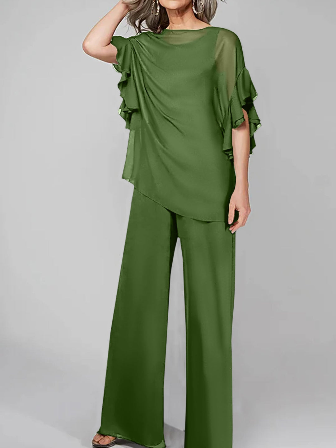 Chiffon Mother of the Bride Jumpsuit with Scoop Neck and Half Sleeves