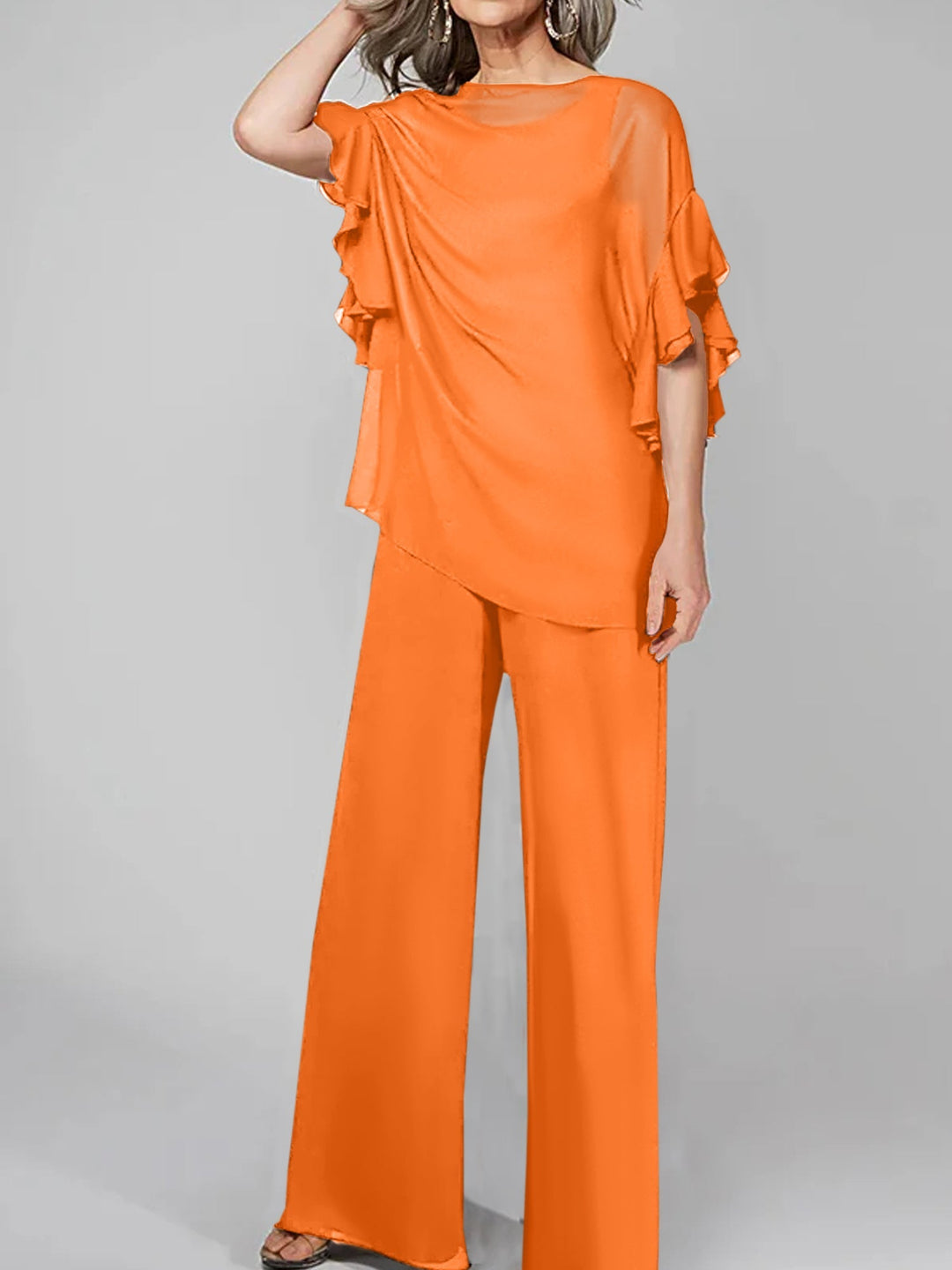 Chiffon Mother of the Bride Jumpsuit with Scoop Neck and Half Sleeves