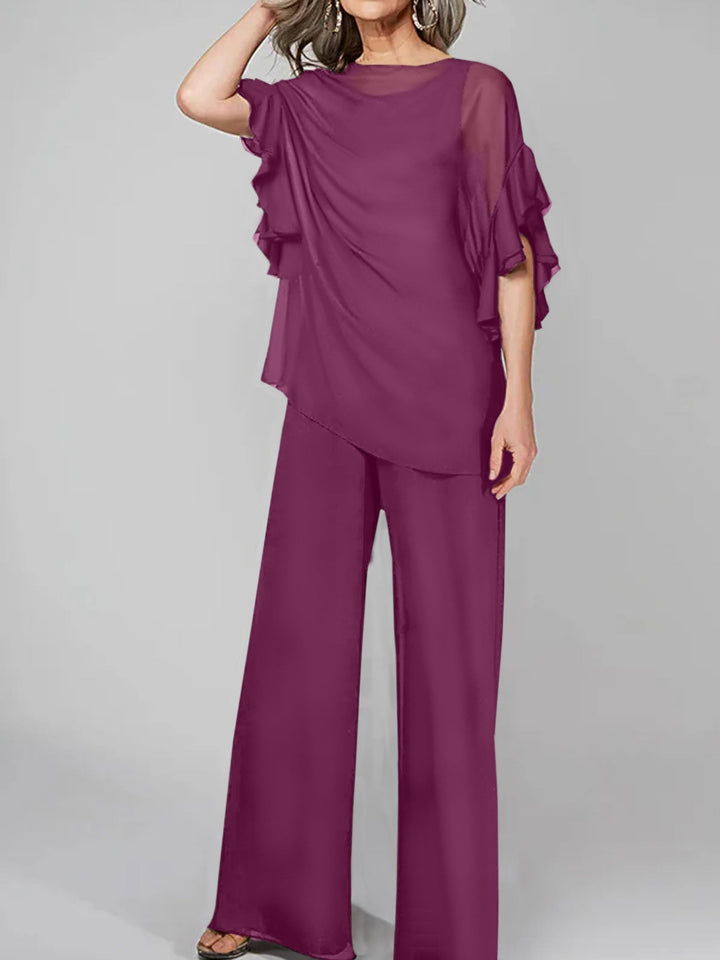 Chiffon Mother of the Bride Jumpsuit with Scoop Neck and Half Sleeves