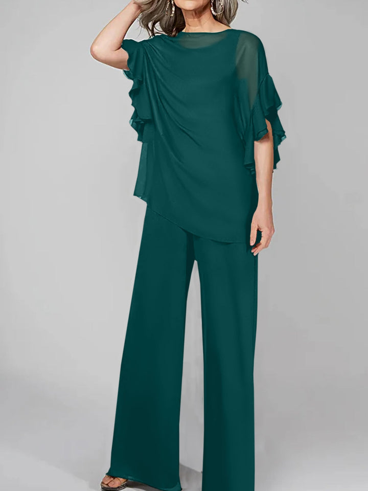 Chiffon Mother of the Bride Jumpsuit with Scoop Neck and Half Sleeves