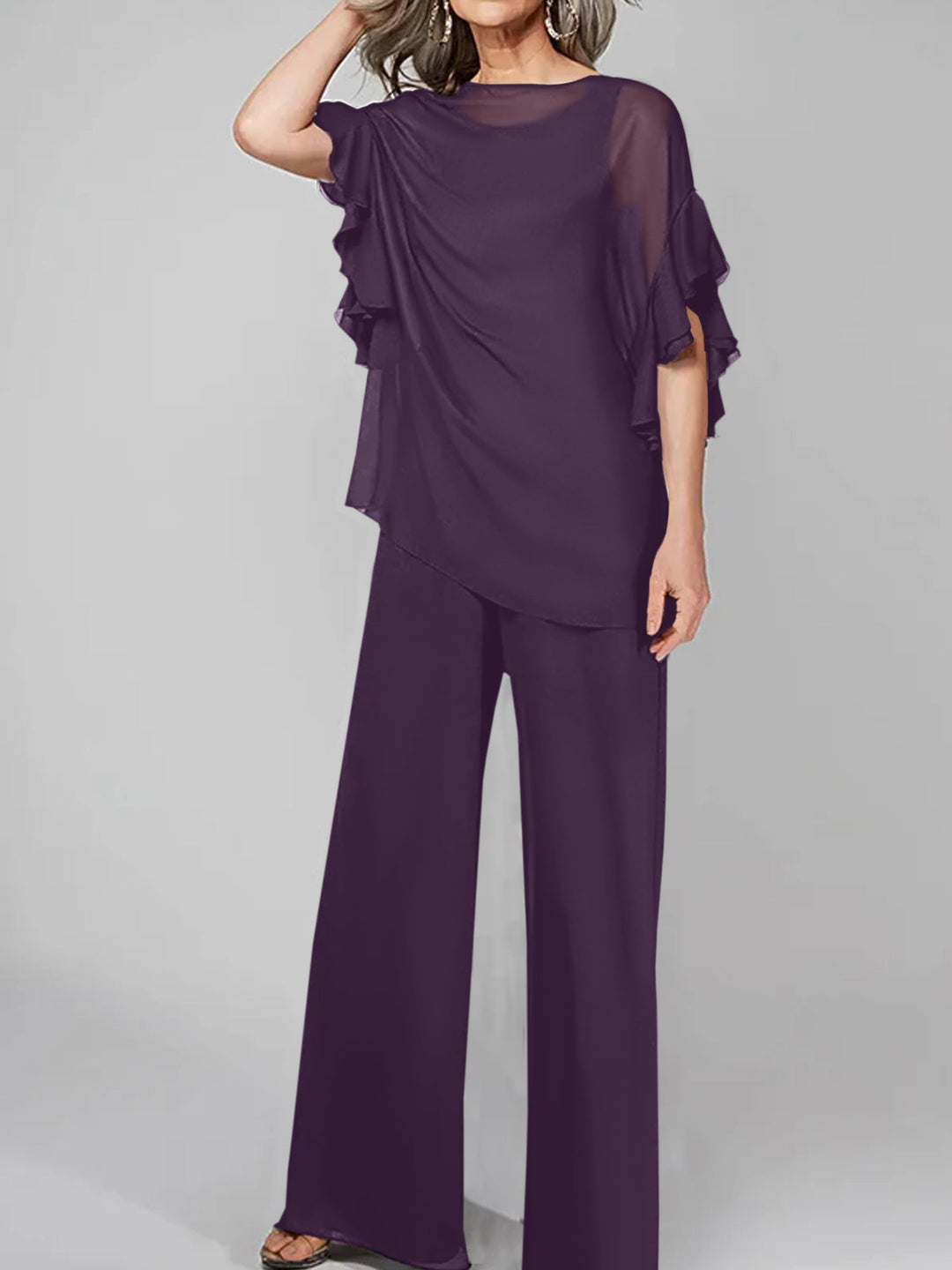 Chiffon Mother of the Bride Jumpsuit with Scoop Neck and Half Sleeves