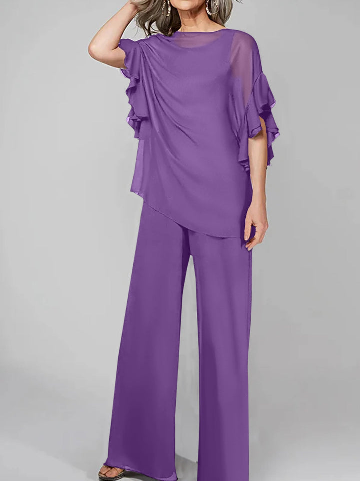 Chiffon Mother of the Bride Jumpsuit with Scoop Neck and Half Sleeves
