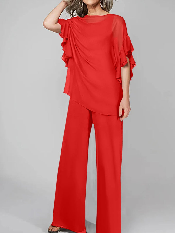 Chiffon Mother of the Bride Jumpsuit with Scoop Neck and Half Sleeves