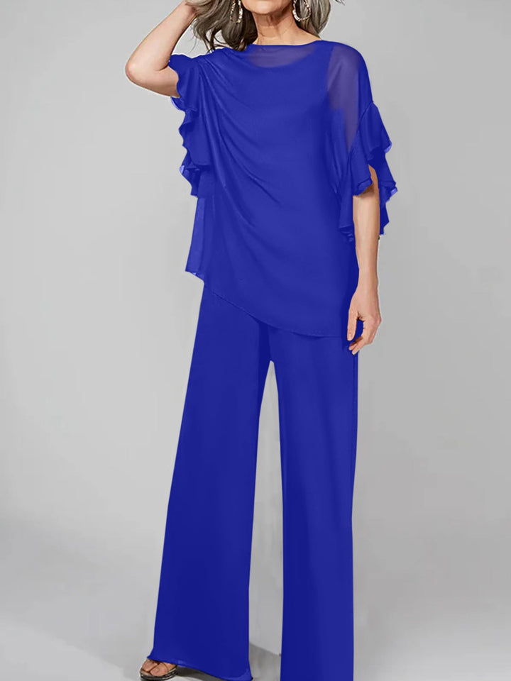 Chiffon Mother of the Bride Jumpsuit with Scoop Neck and Half Sleeves