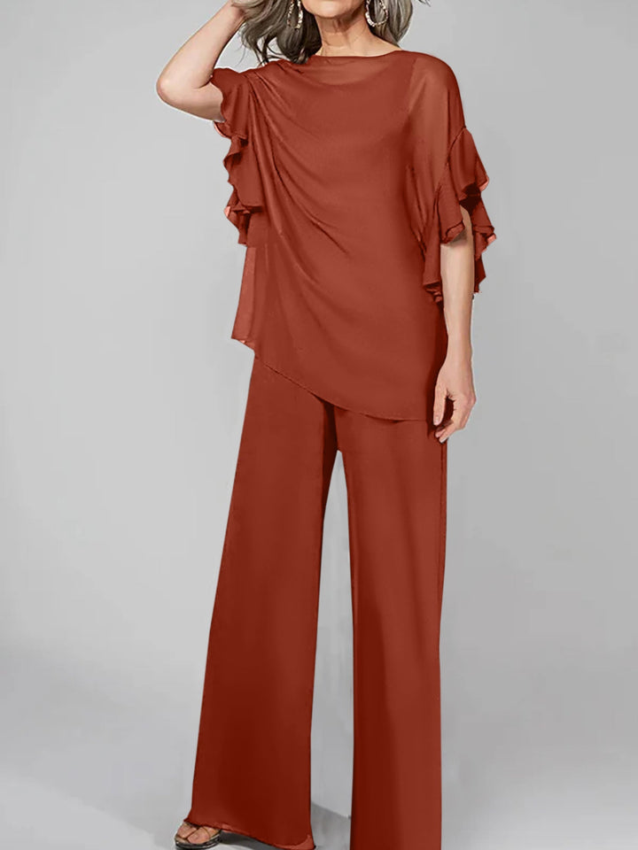 Chiffon Mother of the Bride Jumpsuit with Scoop Neck and Half Sleeves