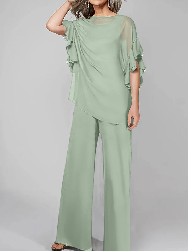 Chiffon Mother of the Bride Jumpsuit with Scoop Neck and Half Sleeves