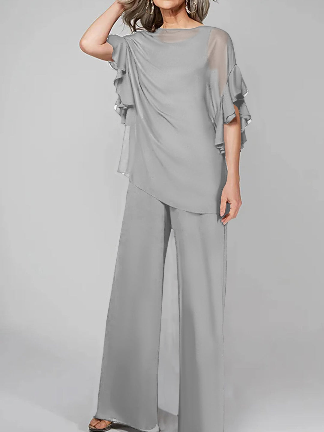 Chiffon Mother of the Bride Jumpsuit with Scoop Neck and Half Sleeves