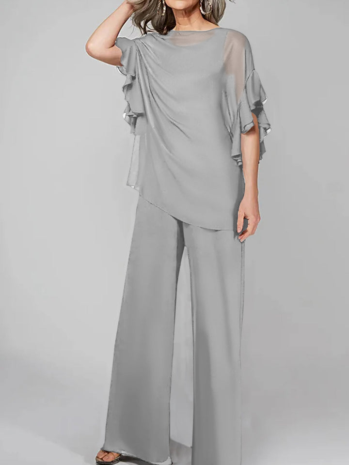 Chiffon Mother of the Bride Jumpsuit with Scoop Neck and Half Sleeves