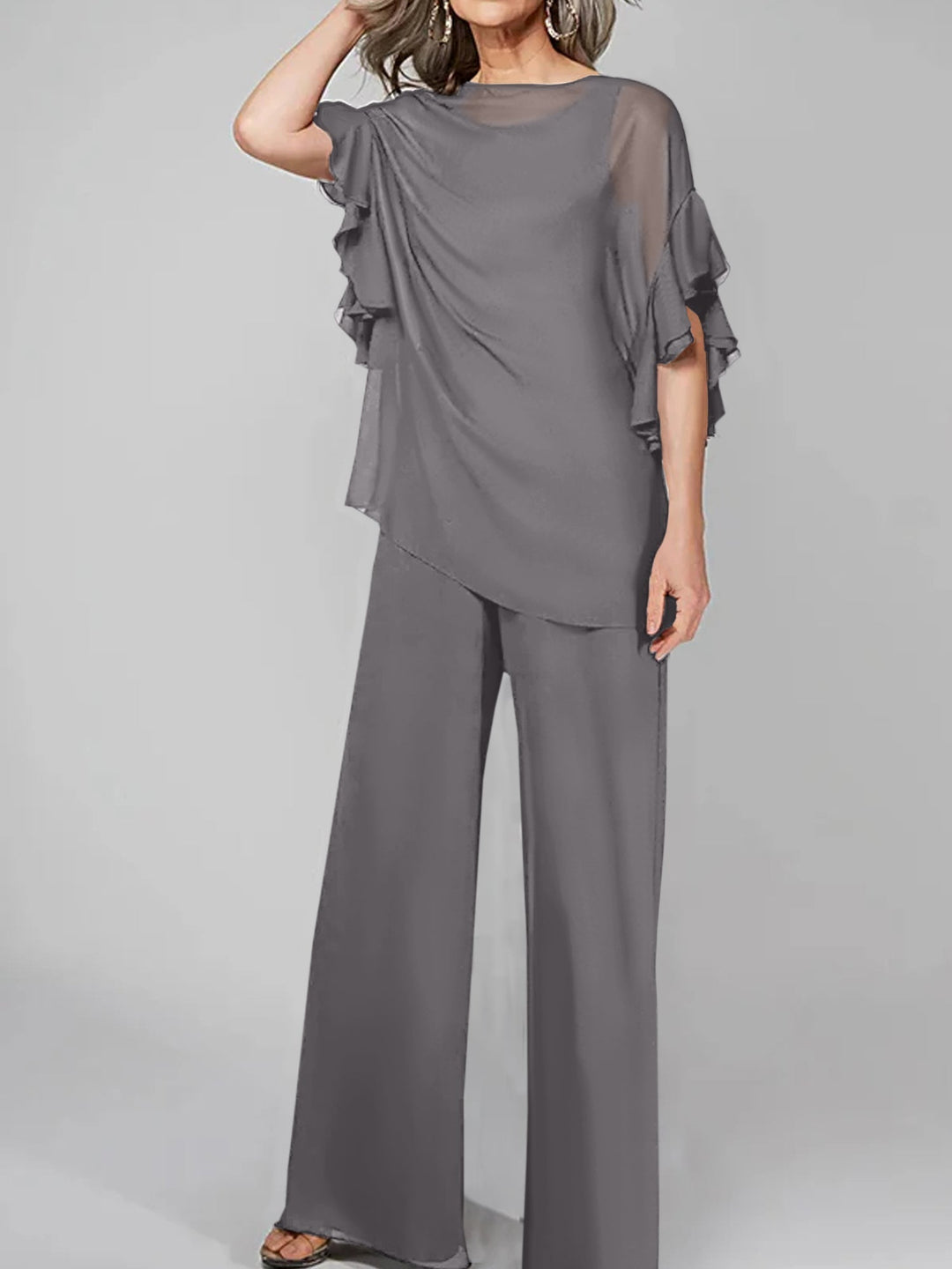 Chiffon Mother of the Bride Jumpsuit with Scoop Neck and Half Sleeves
