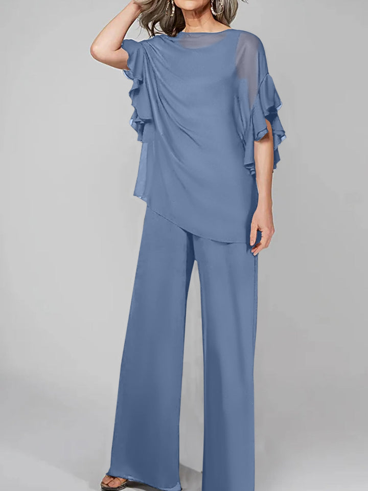 Chiffon Mother of the Bride Jumpsuit with Scoop Neck and Half Sleeves