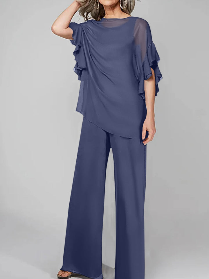 Chiffon Mother of the Bride Jumpsuit with Scoop Neck and Half Sleeves