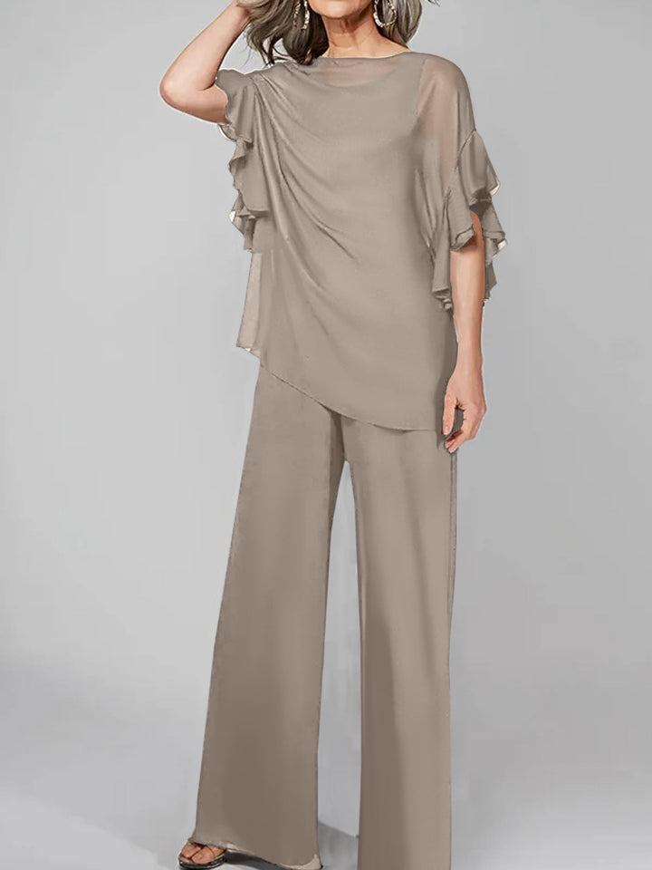 Chiffon Mother of the Bride Jumpsuit with Scoop Neck and Half Sleeves