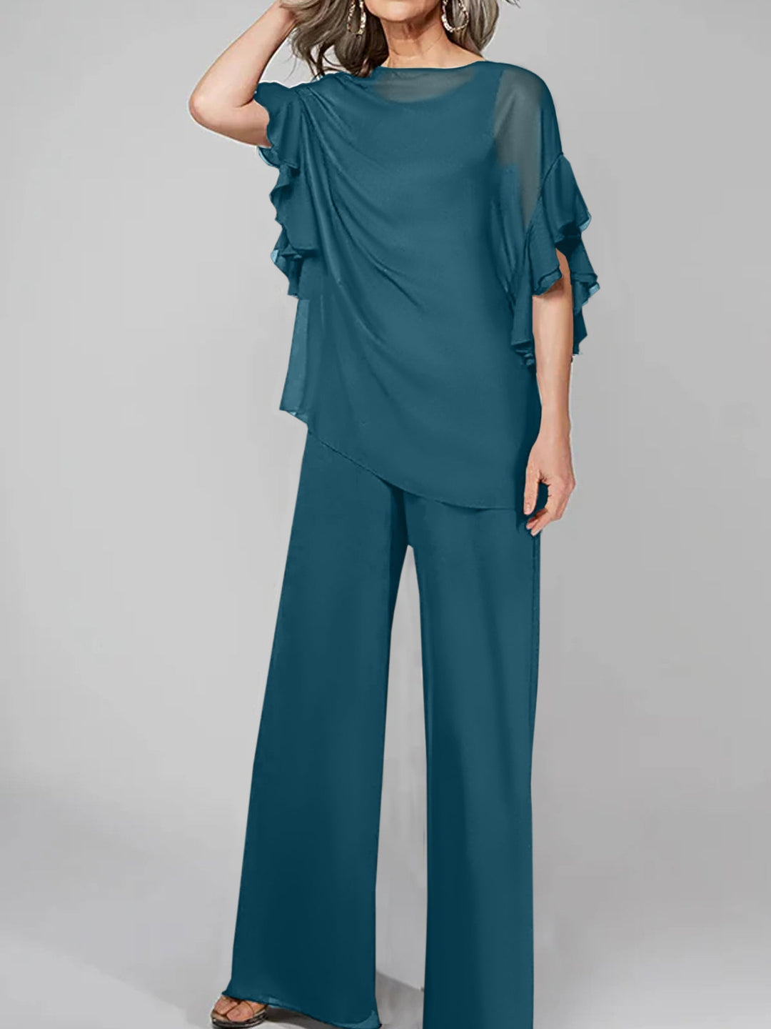 Chiffon Mother of the Bride Jumpsuit with Scoop Neck and Half Sleeves
