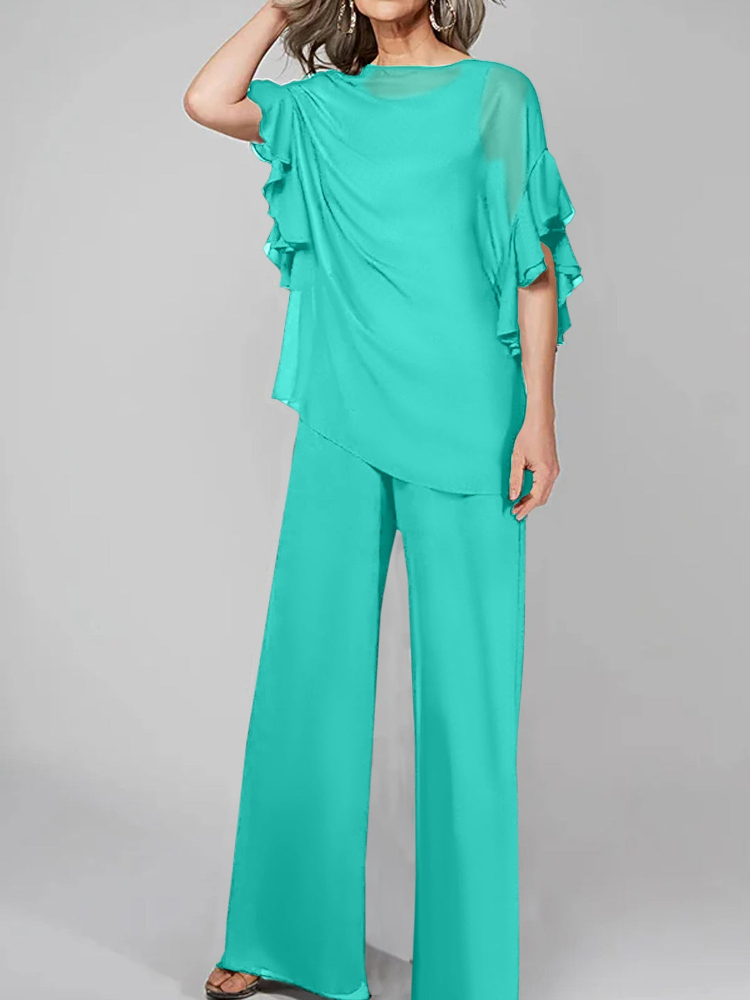 Chiffon Mother of the Bride Jumpsuit with Scoop Neck and Half Sleeves
