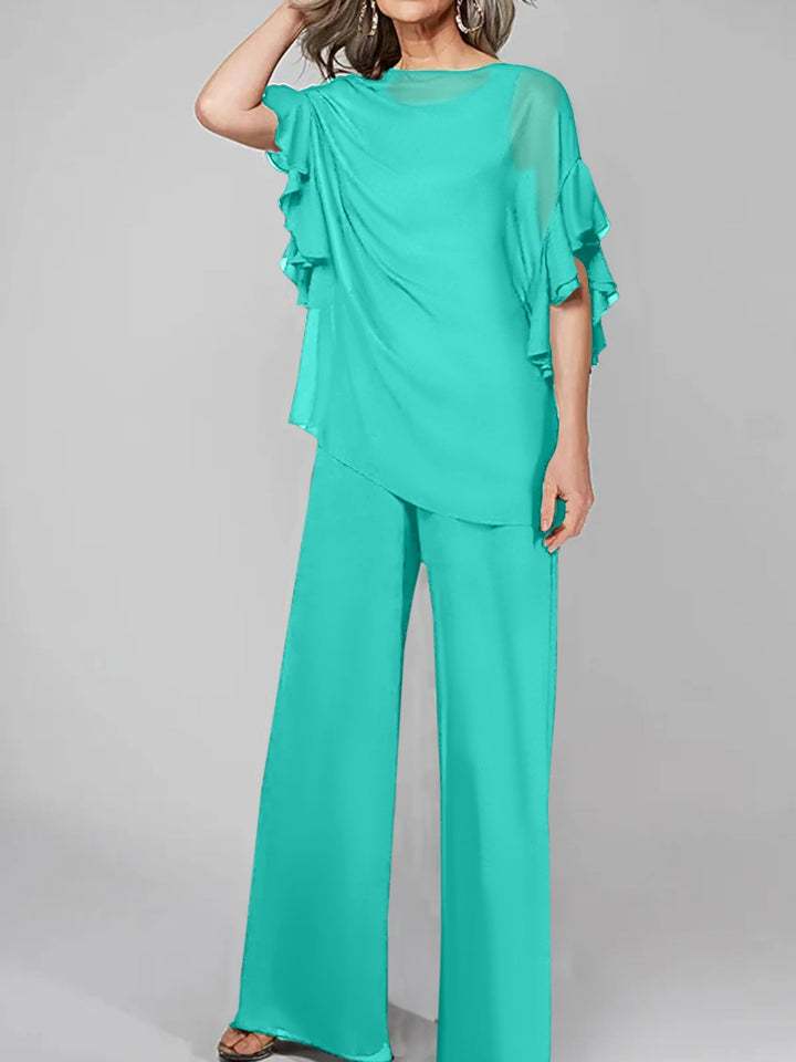 Chiffon Mother of the Bride Jumpsuit with Scoop Neck and Half Sleeves