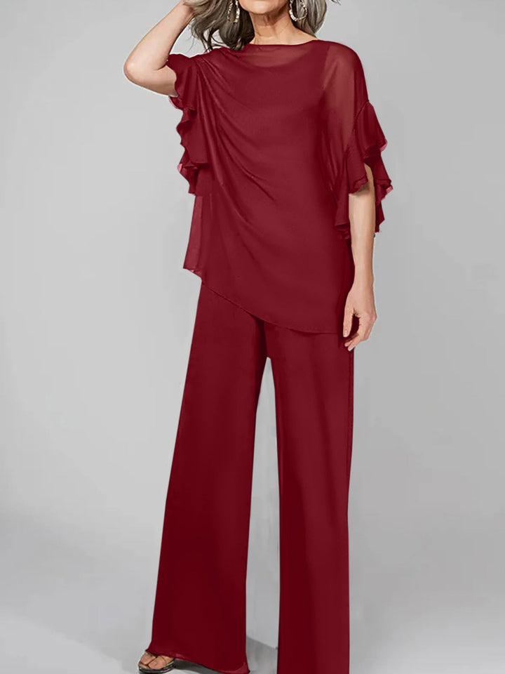 Chiffon Mother of the Bride Jumpsuit with Scoop Neck and Half Sleeves