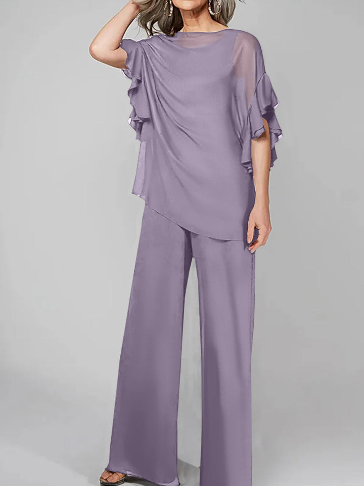 Chiffon Mother of the Bride Jumpsuit with Scoop Neck and Half Sleeves