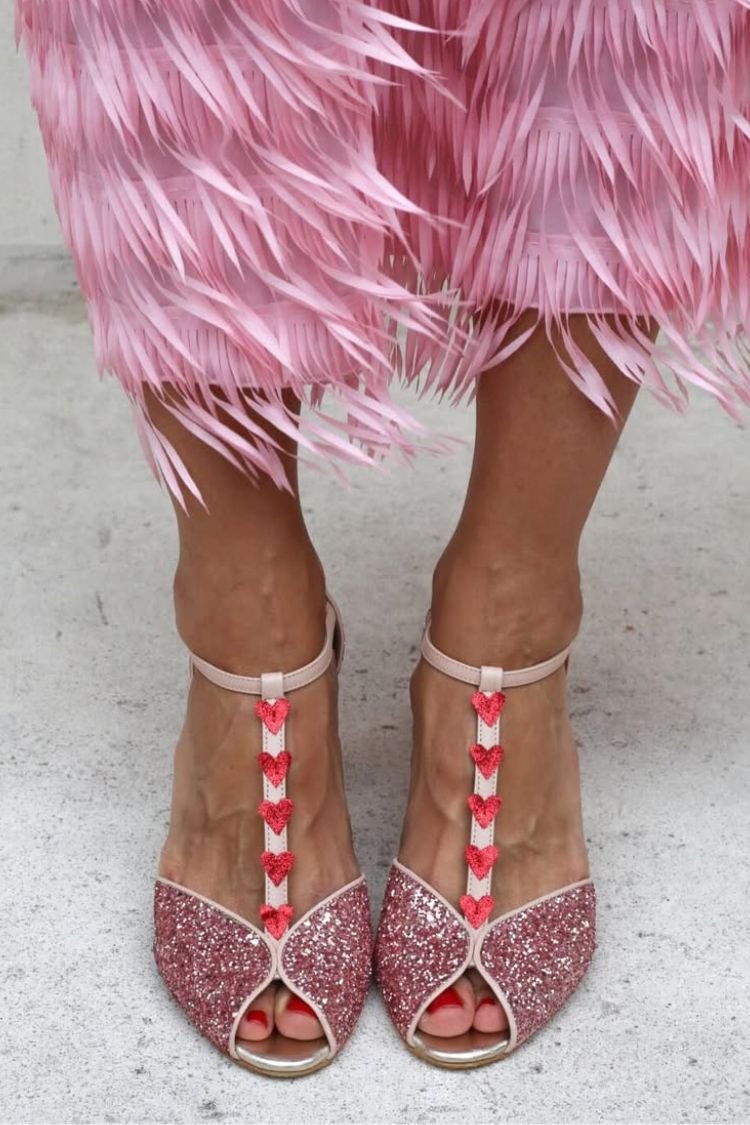 Helena – Glitter T-Strap Heart Block Sandals