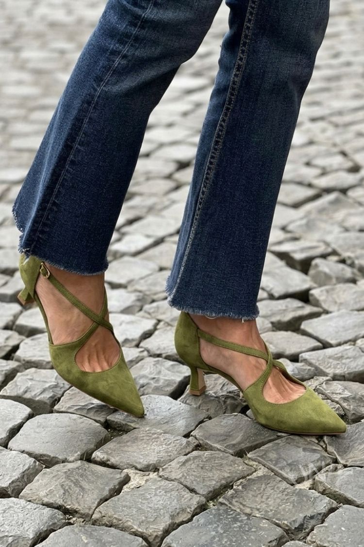 Irene | Low Pointed-Toe Solid Buckle Crossover Strap Heels