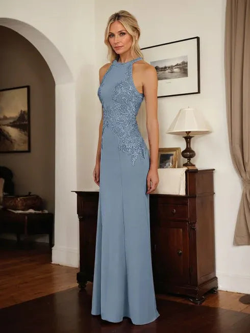 Dusty Blue Sheath Halter Mother of the Bride Dress with Appliqué Details