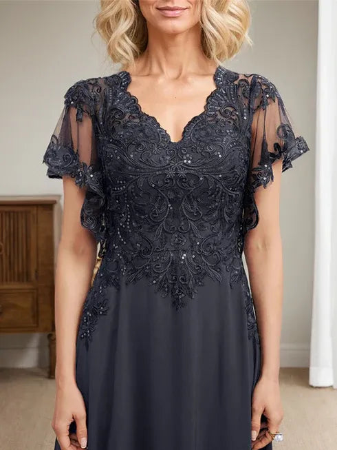 A-Line V-Neck Floor-Length Lace Chiffon Mother of the Bride Dress with Sequins