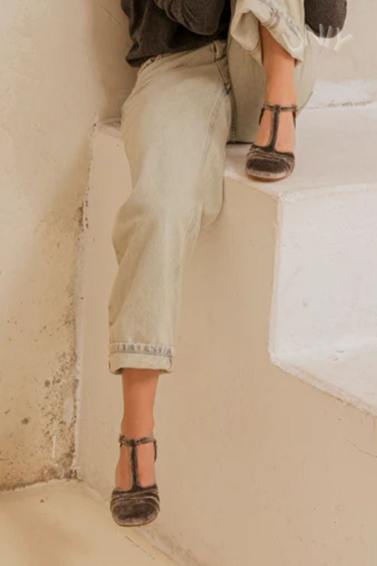 Maureen | Chunky Cut-Out Velvet Buckle T-Strap Heels