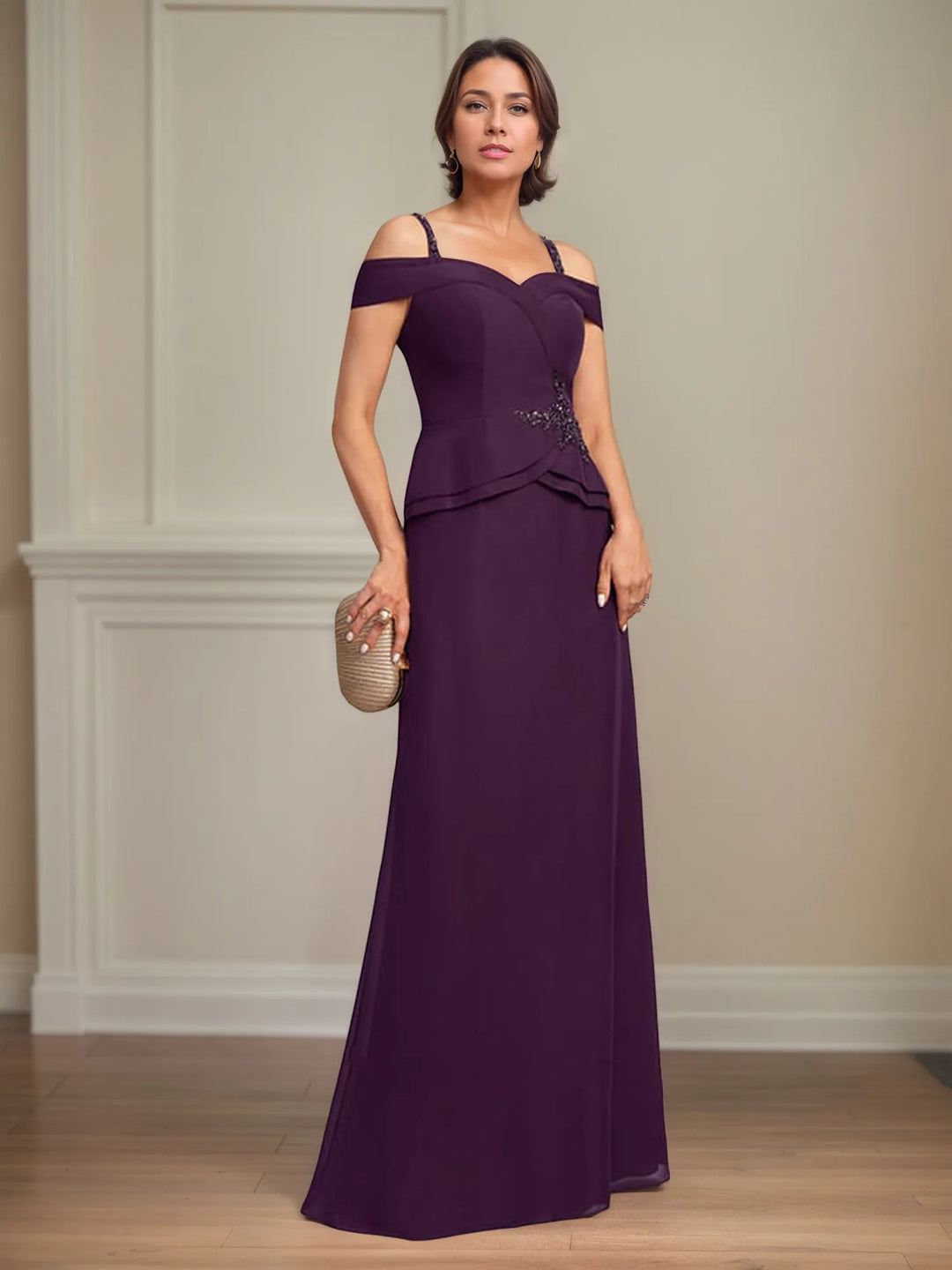 A-Line Cold Shoulder Floor-Length Chiffon Mother of the Bride Dress with Beading and Sequins
