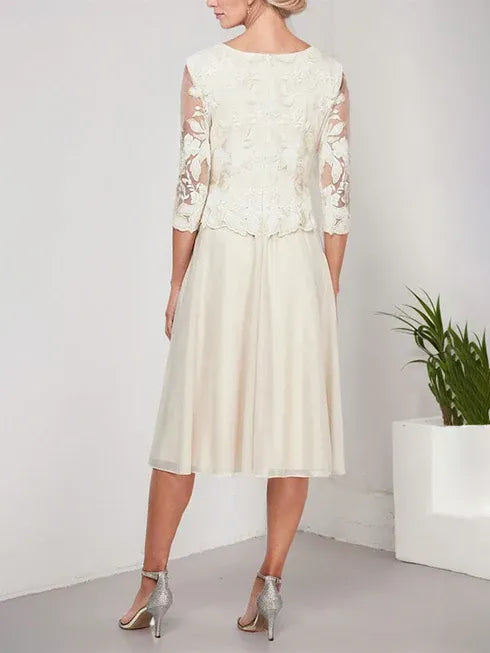 A-Line Scoop Neck Tea-Length Lace Chiffon Mother of the Bride Dress with Embroidery