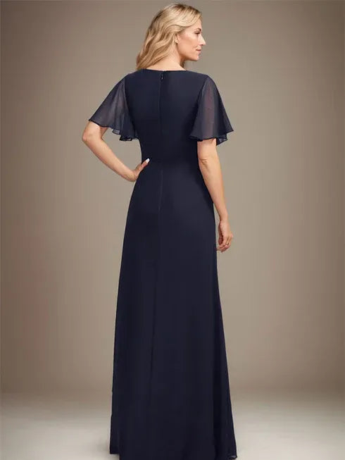 A-Line Asymmetrical Floor-Length Chiffon Mother of the Bride Dress with Pleated Beading and Sequins