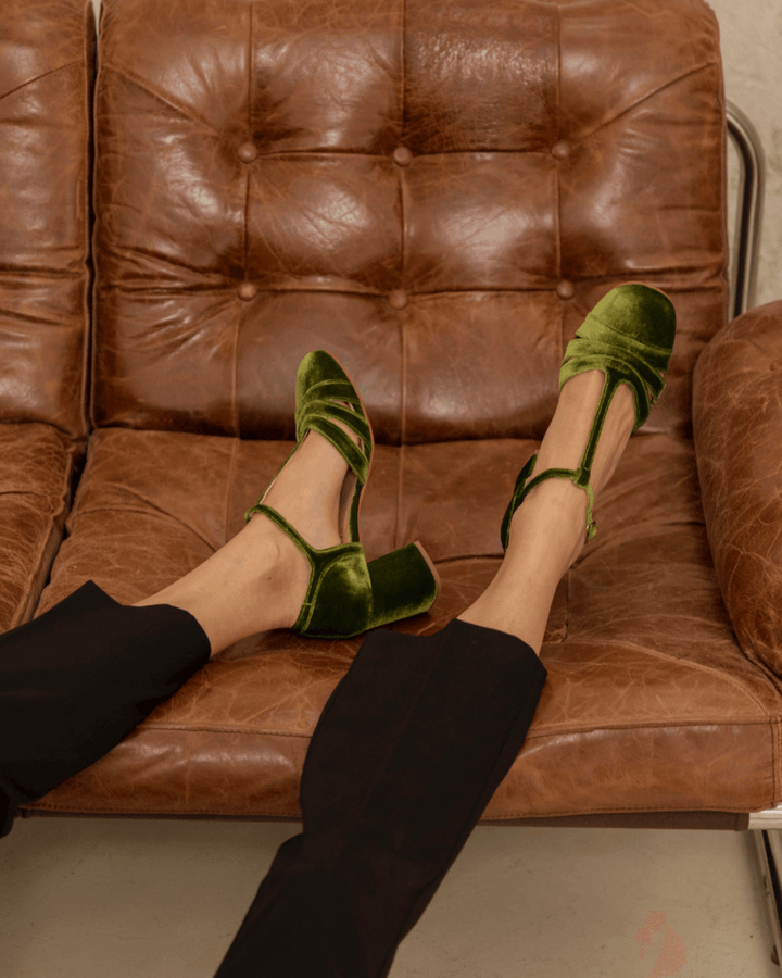 Maureen | Chunky Cut-Out Velvet Buckle T-Strap Heels