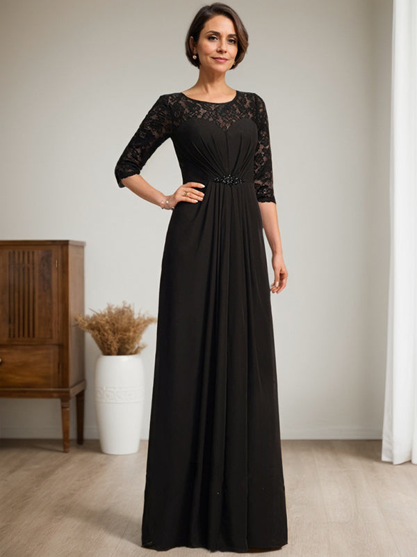 A-Line Scoop Neck Illusion Floor-Length Lace Chiffon Mother of the Bride Dress with Beaded Ruffles